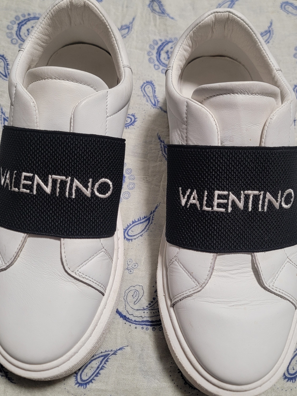 VALENTINO Men's White Leather Slip-On Sneakers with Black Logo Strap